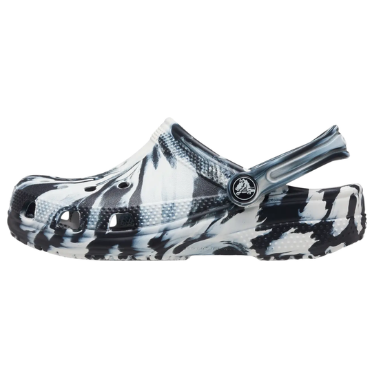 Black and white patterned clog shoe on a white background