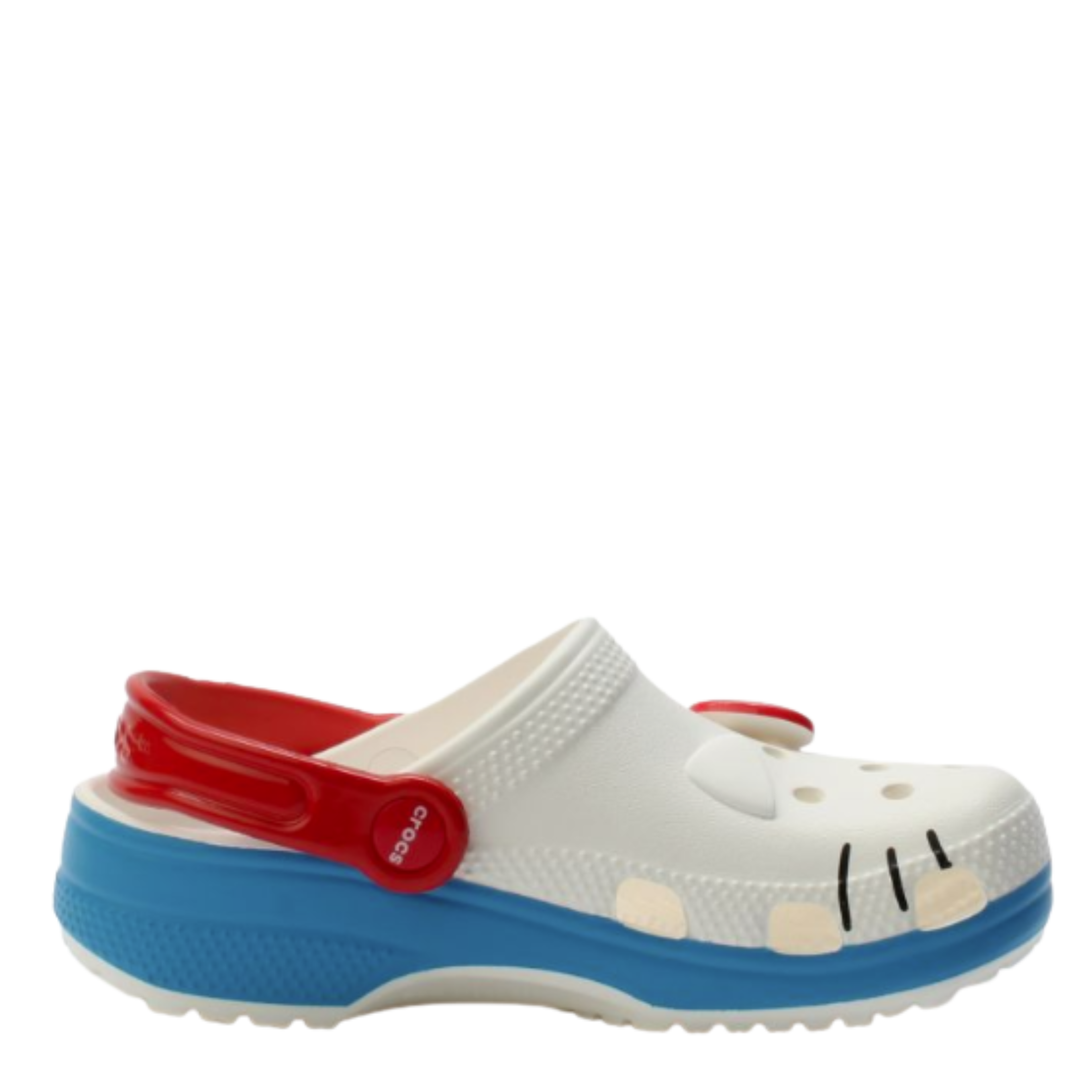 White clog with red straps and blue sole on a white background