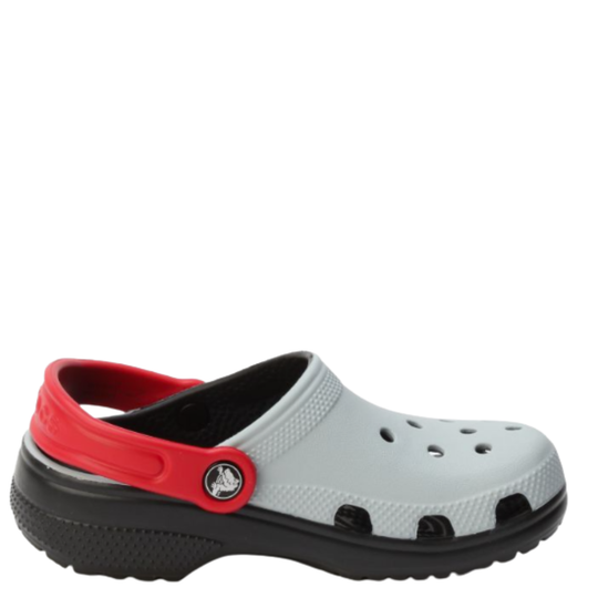 Gray clog with red straps and black sole on a white background