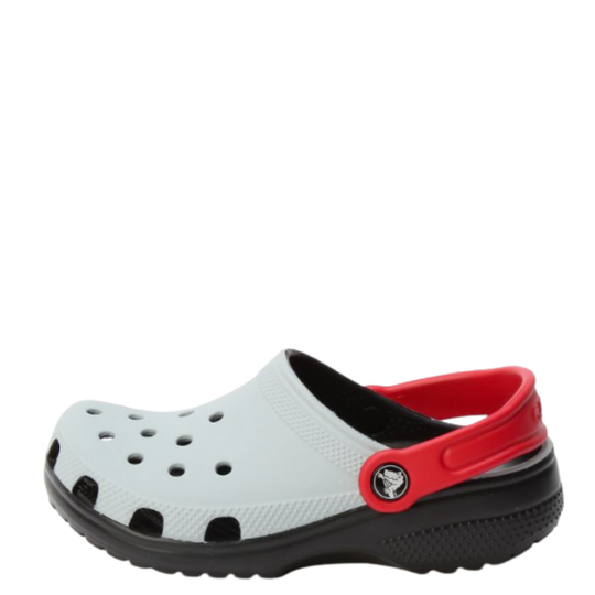 Clog shoe with red strap and black sole on a white background