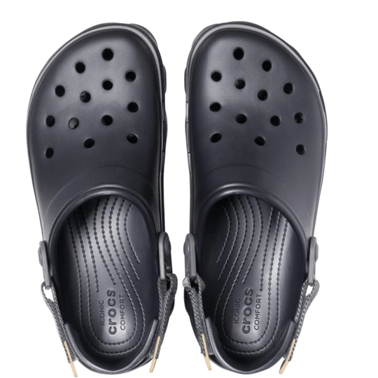 Black Crocs sandals with straps on a white background