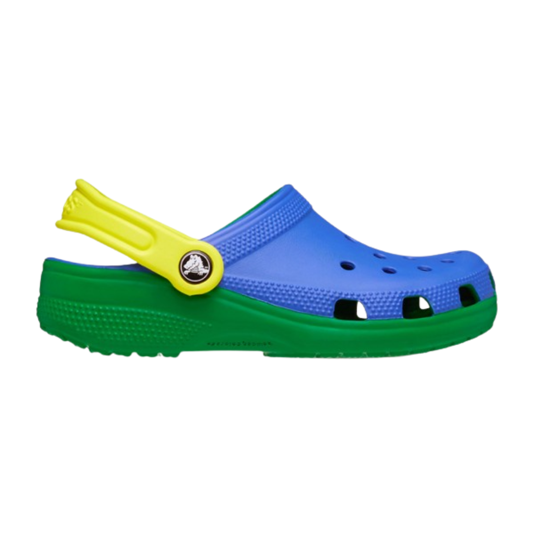 Blue and green sandal with yellow strap on a white background