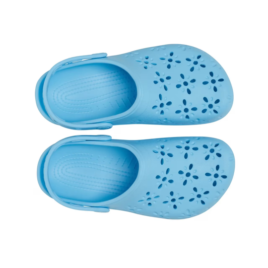 Pair of blue clogs on a white background