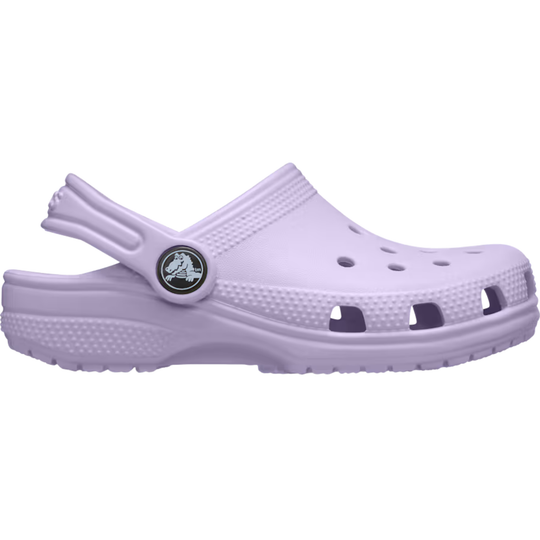 Purple clog shoe with a brand logo on a white background
