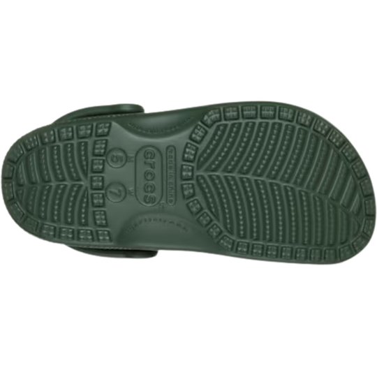 Green sandal sole with brand name on a white background