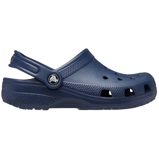 Navy blue clog shoe on a white background