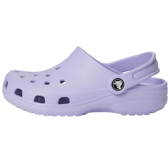 Purple clog shoe with a brand logo on a white background
