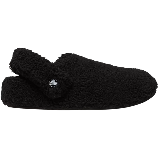 Black slipper with a brand logo on a white background