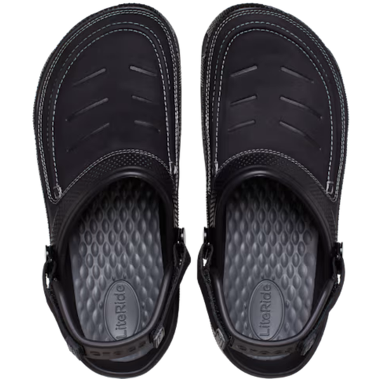 Black sandals with 'LiteRide' branding on a white background