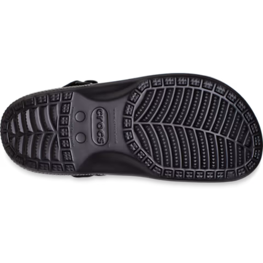 Black sandal sole with Crocs branding on a white background