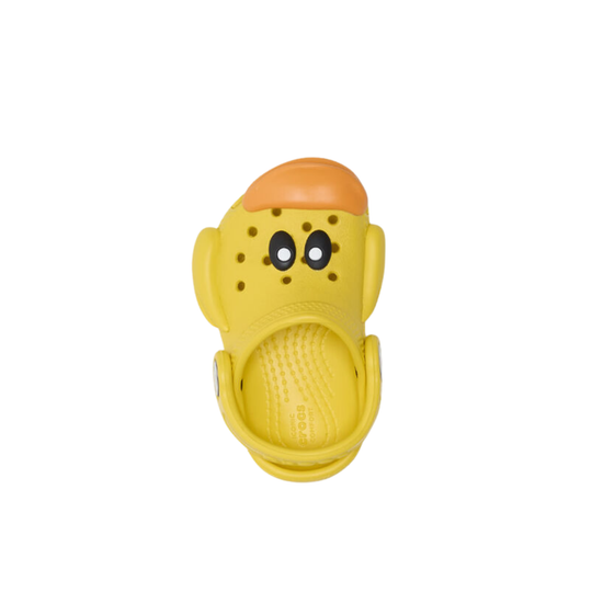 Yellow children's clog with duck design on a white background