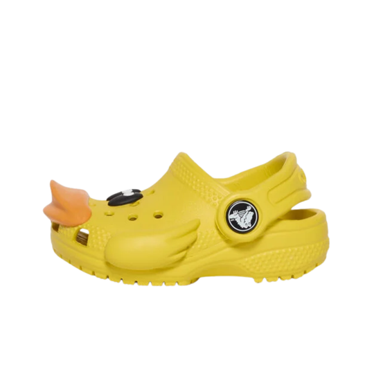 Yellow children's clog with duck design on a white background