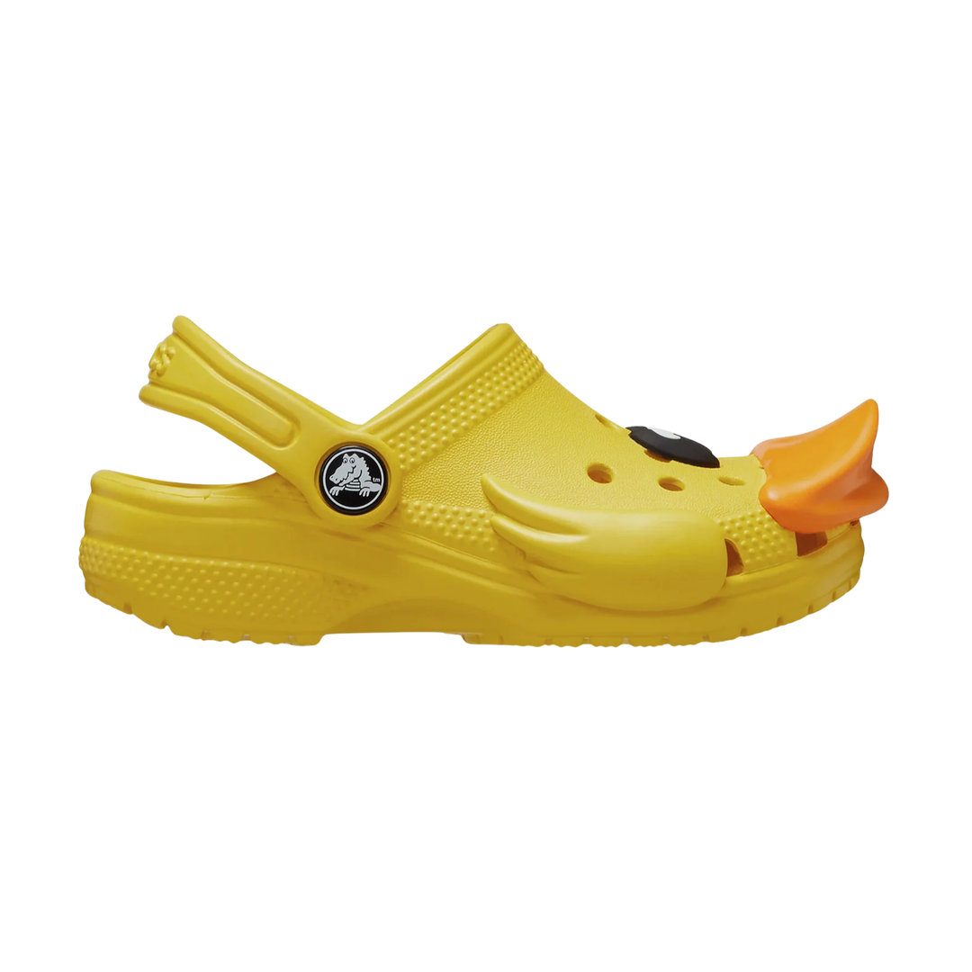 Yellow children's clog with duck design on a white background