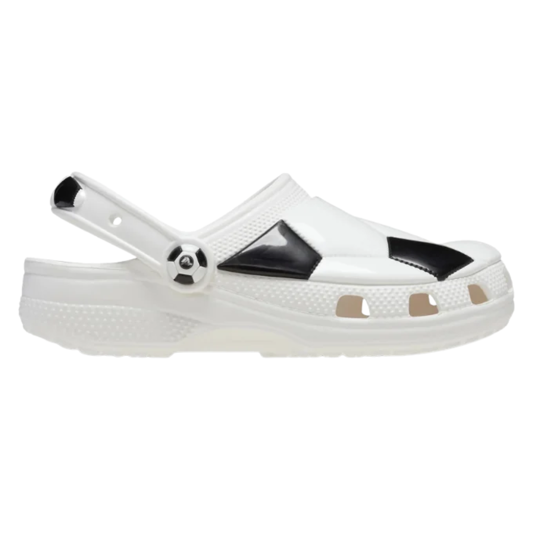 White clog shoe with black accents on a white background