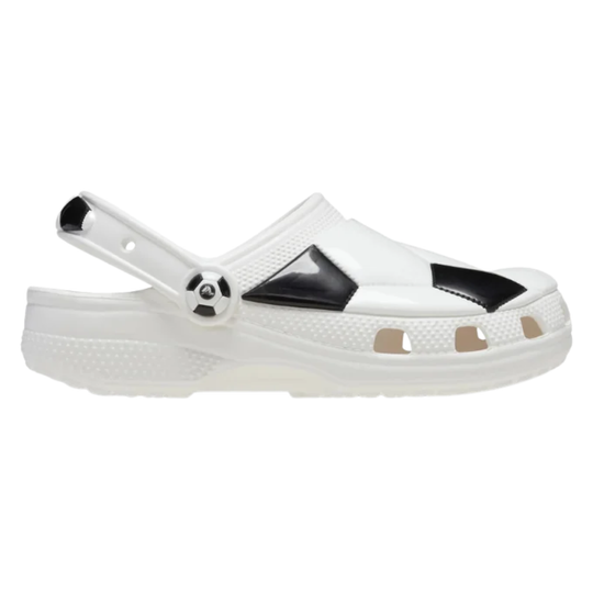 White clog shoe with black accents on a white background