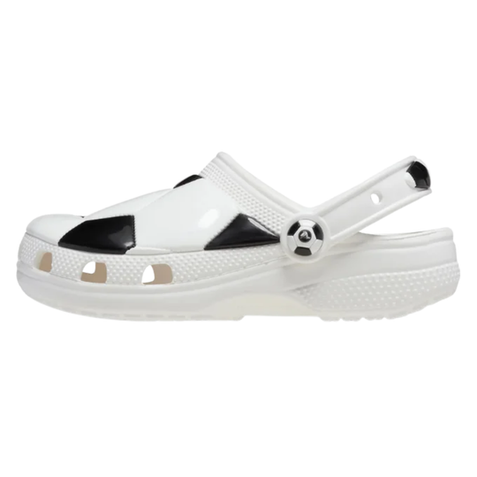 White clog shoe with black accents on a white background
