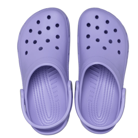 Pair of purple clogs on a white background