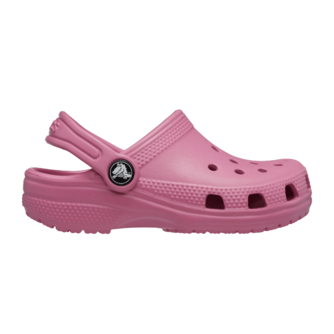 Pink clog shoe with a brand logo on a white background