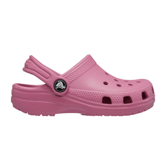 Pink clog shoe with a brand logo on a white background