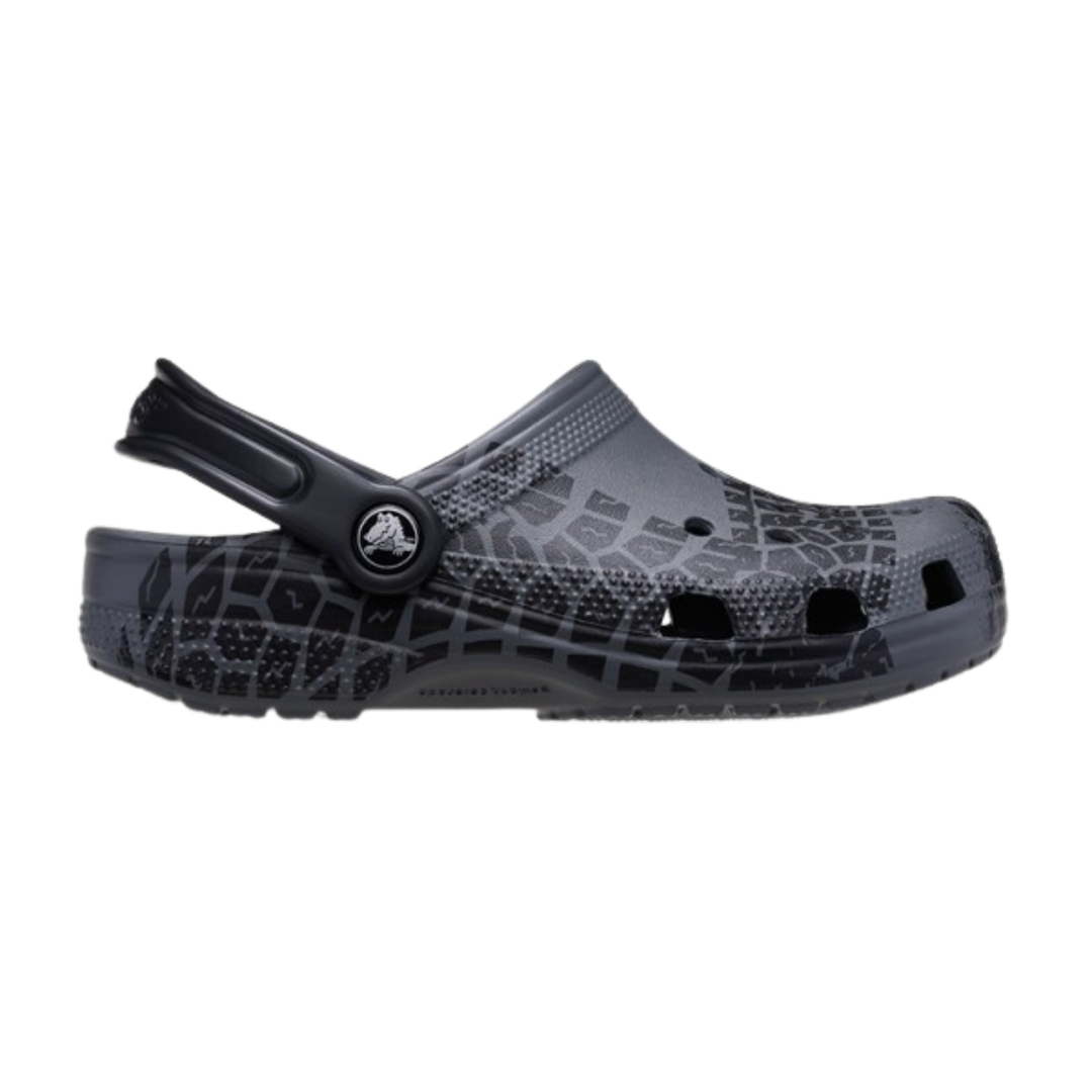 Black and gray patterned clog shoe on a white background