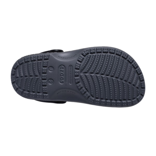 Black sandal sole with brand logo on a white background