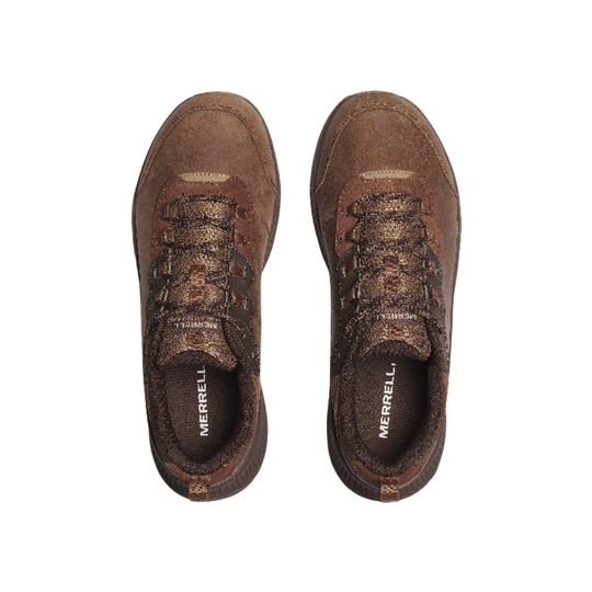 Pair of brown Merrell shoes on a white background