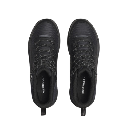 Black Merrell hiking boots on a white background