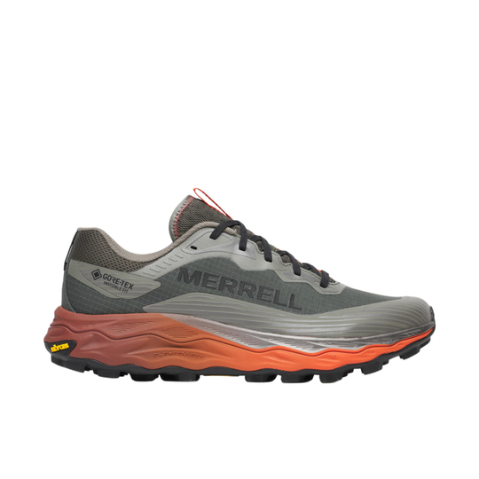 Merrell hiking shoe with gray and orange design on a white background