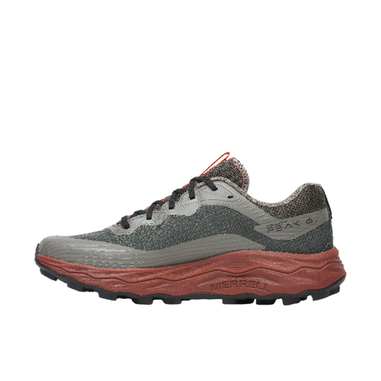 Gray and red athletic shoe on a white background