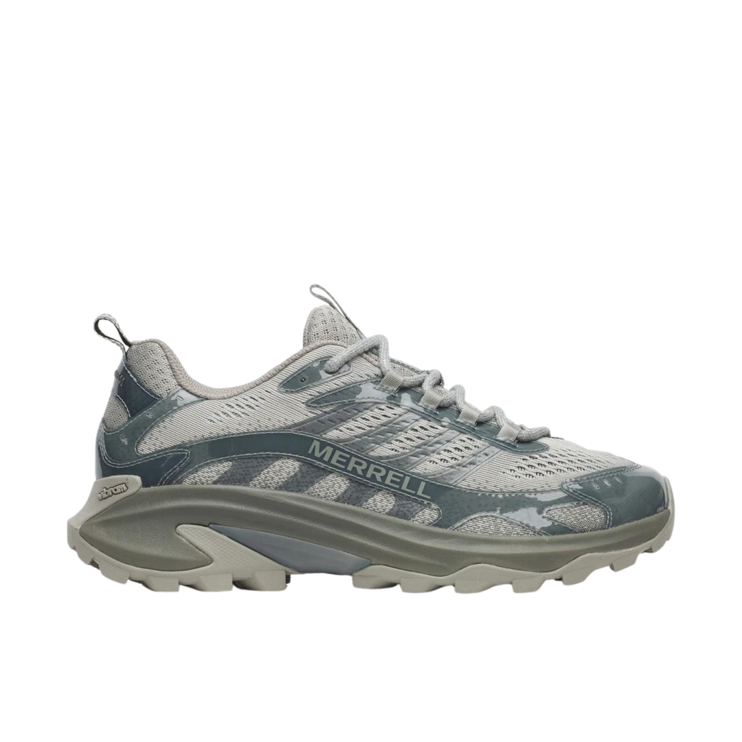Gray and white Merrell hiking shoe on a white background