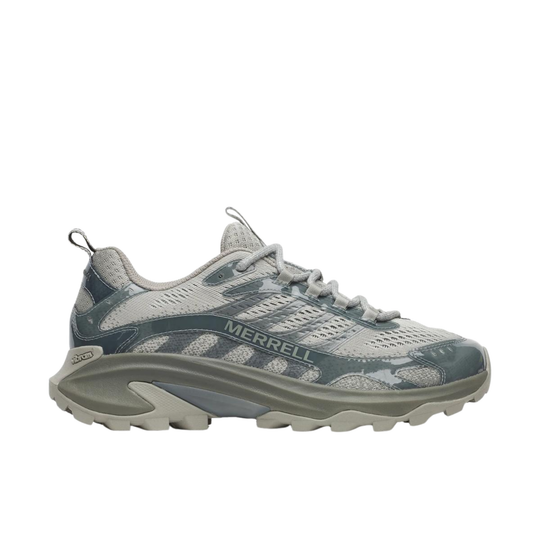 Gray and white Merrell hiking shoe on a white background