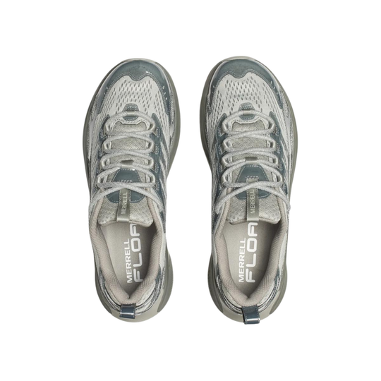 Pair of gray athletic shoes with 'Merrell' branding on a white background