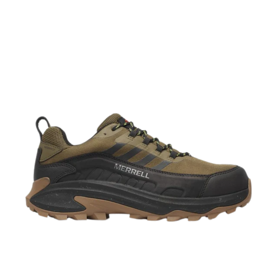 Brown and black hiking shoe with Merrell branding on a white background