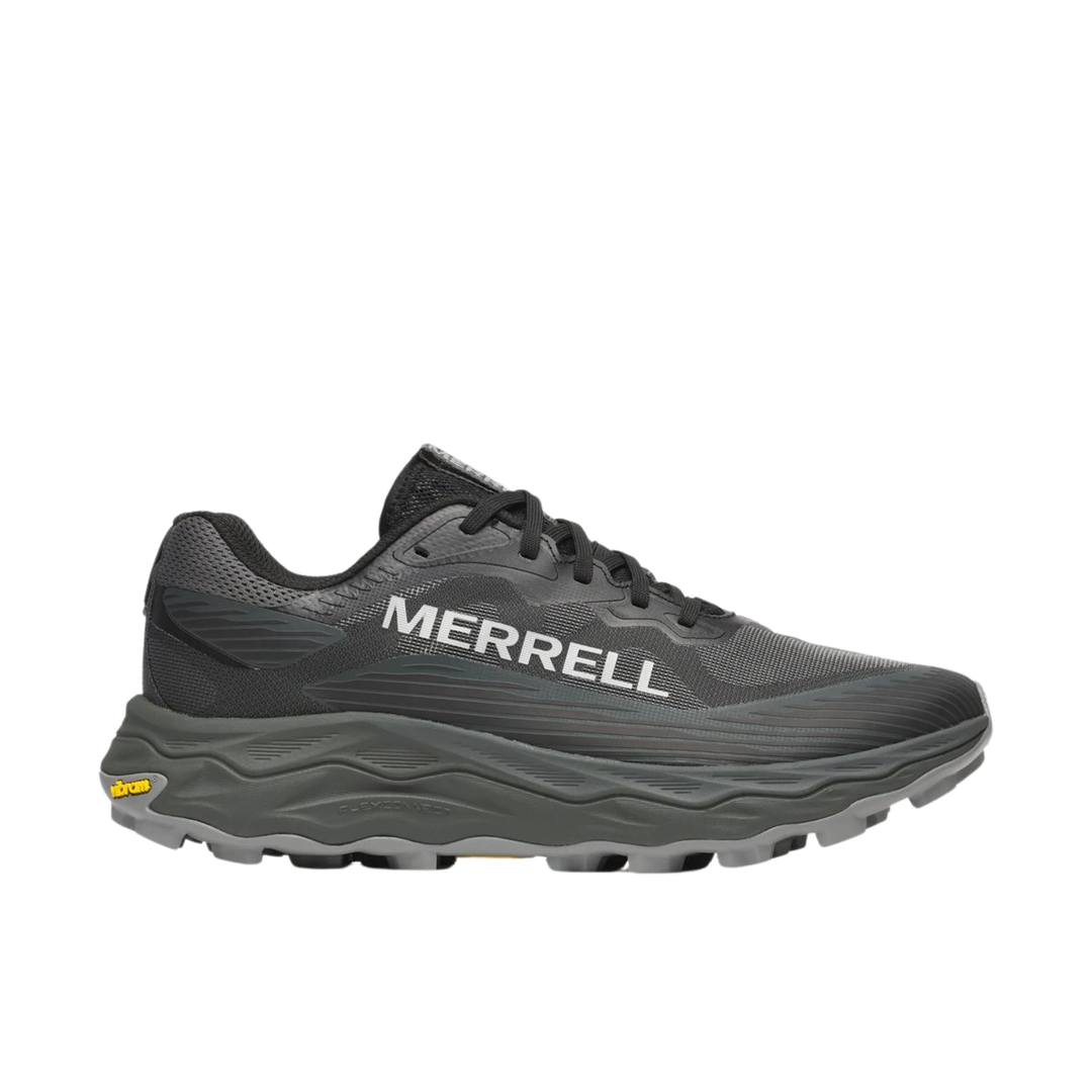 Black Merrell running shoe on a white background