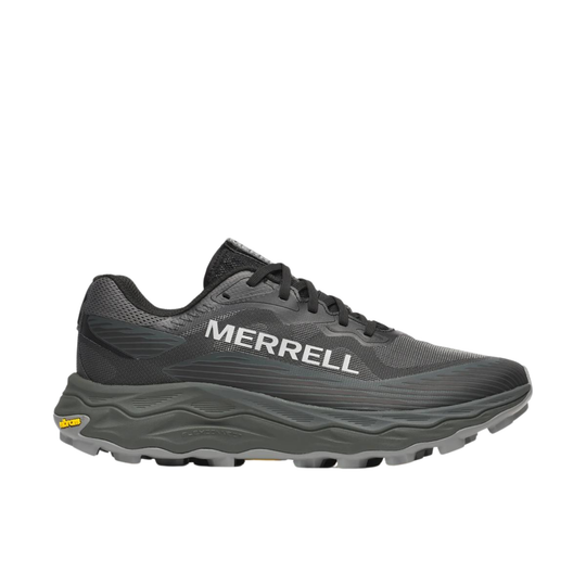 Black Merrell running shoe on a white background