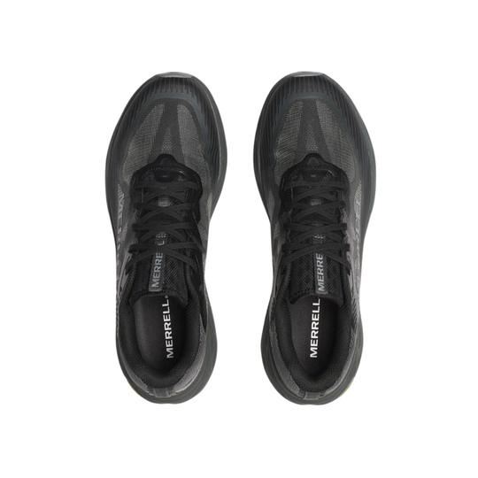 Black Merrell running shoes on a white background