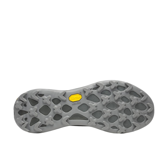Gray shoe sole with a yellow label on a white background