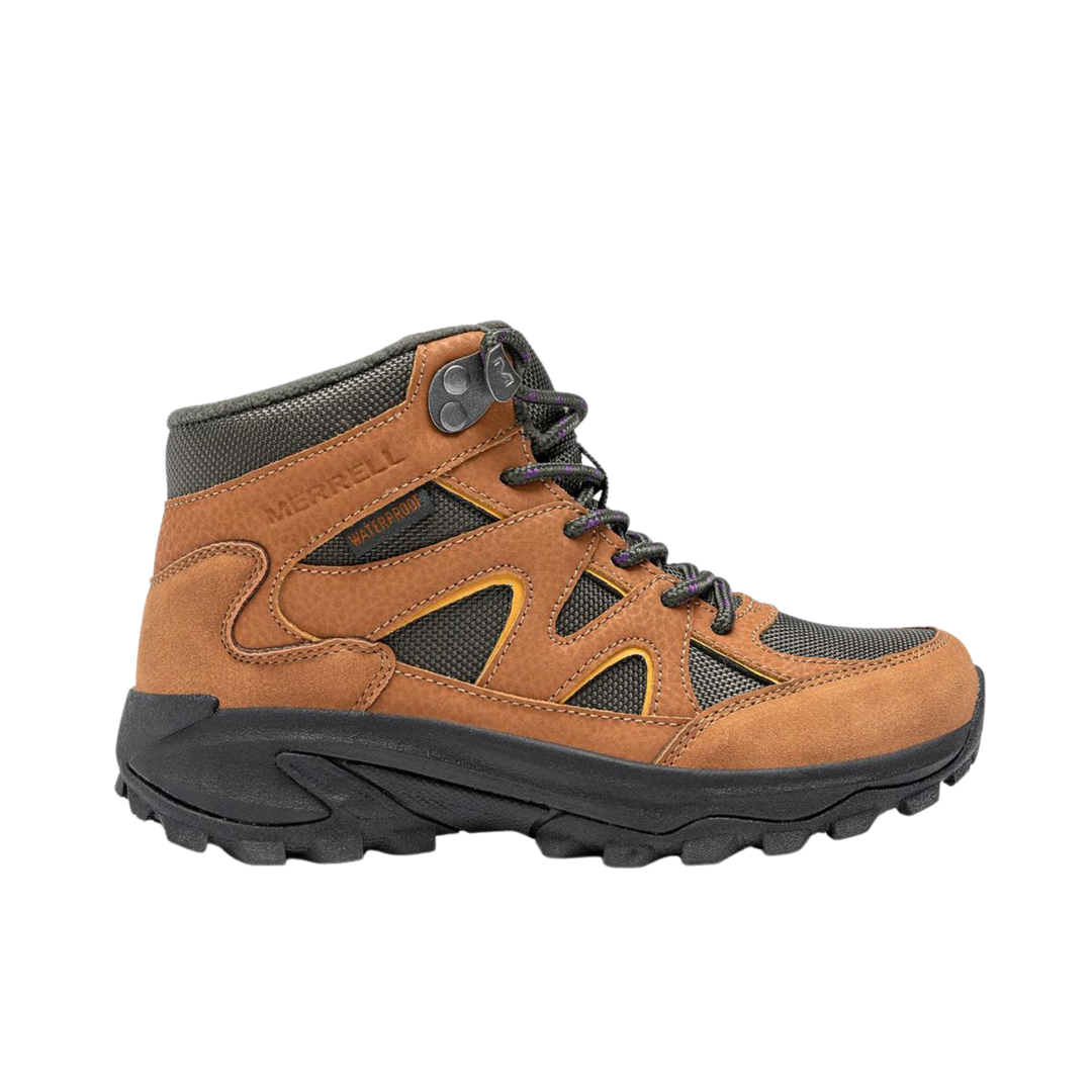Brown hiking boot with black sole on a white background
