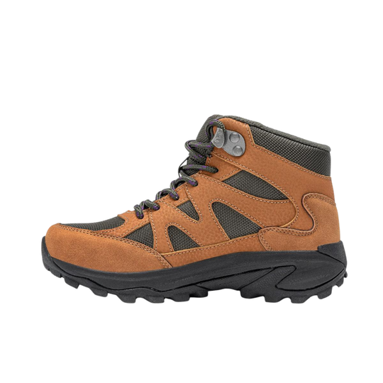 Brown hiking boot with black accents on a white background