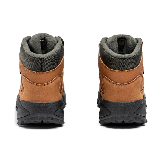 Pair of brown and black boots on a white background