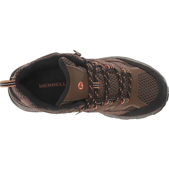 Brown Merrell hiking shoe on a white background