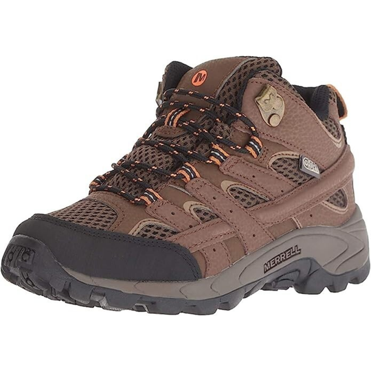Brown hiking boot with black sole on a white background