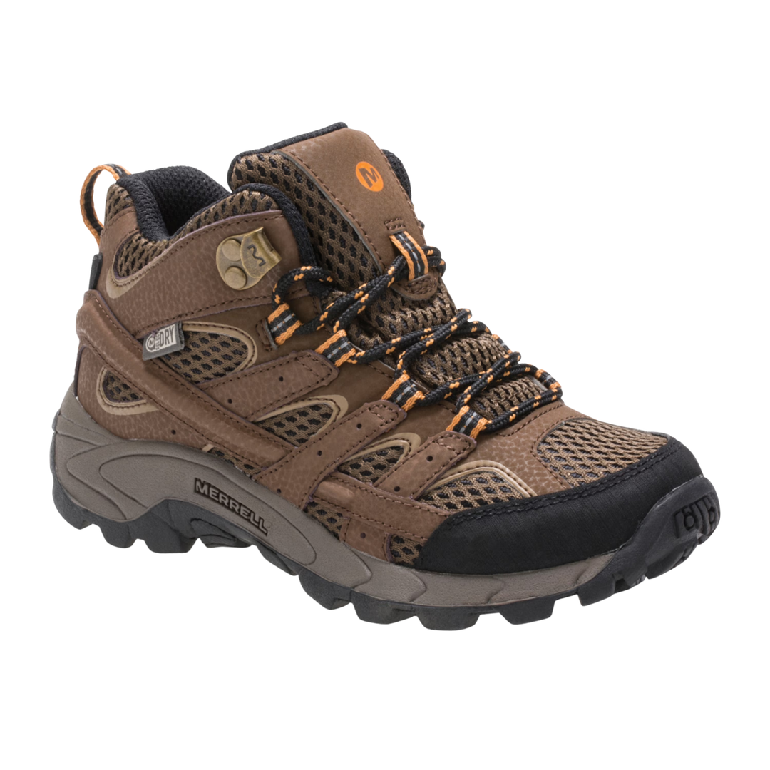 Brown hiking boot with orange accents on a white background
