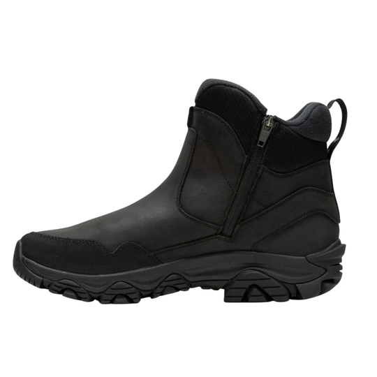 Black ankle boot with a zipper on a white background