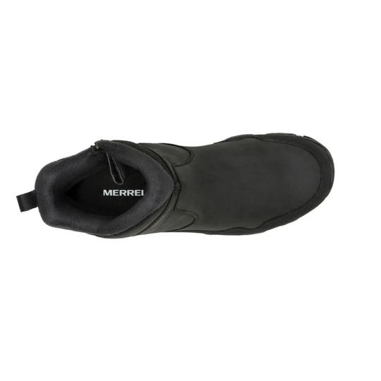 Black boot with Merrell logo on a white background