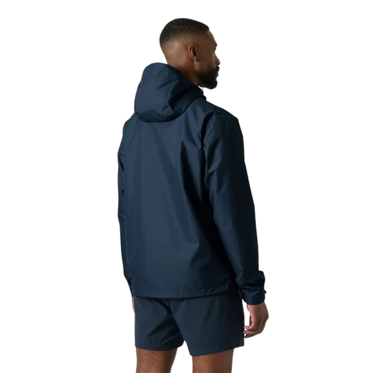 Man wearing a navy blue jacket and shorts on a white background