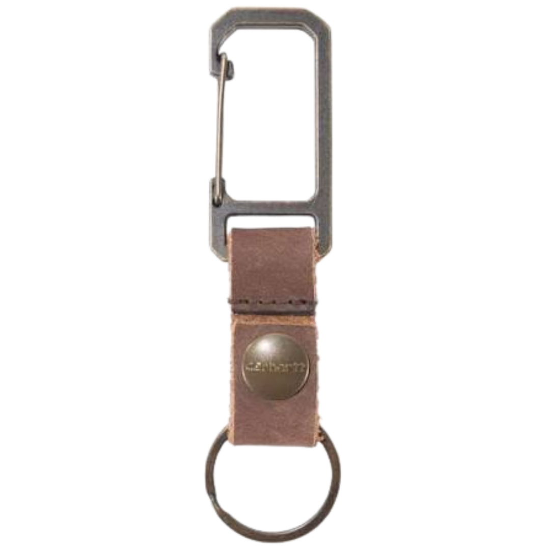 Brown leather keychain with metal clip on a white background