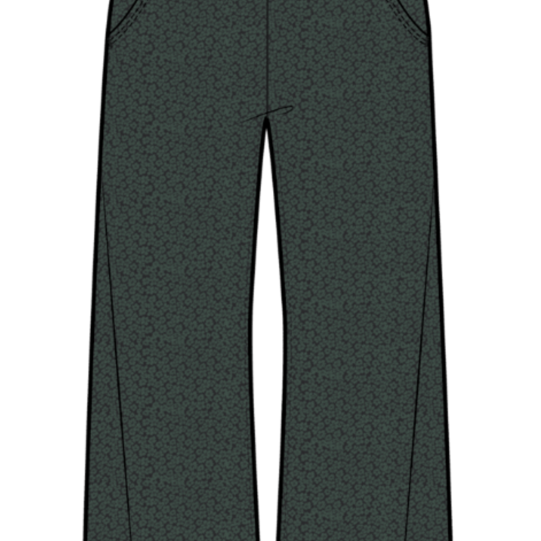 Dark green print pants on a white background