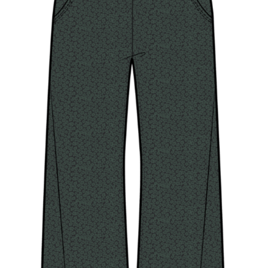 Dark green print pants on a white background
