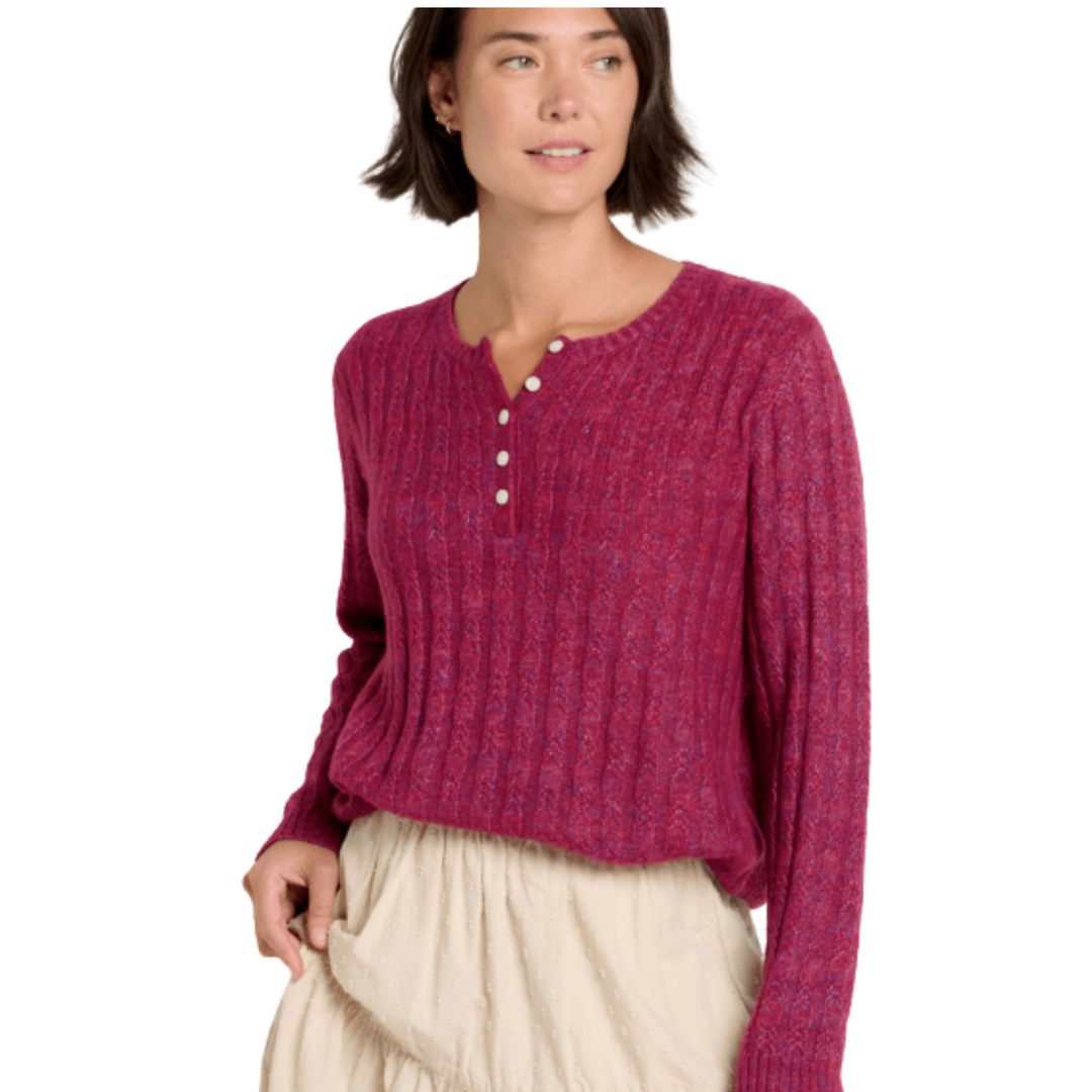 women wearing a red henley sweater front view